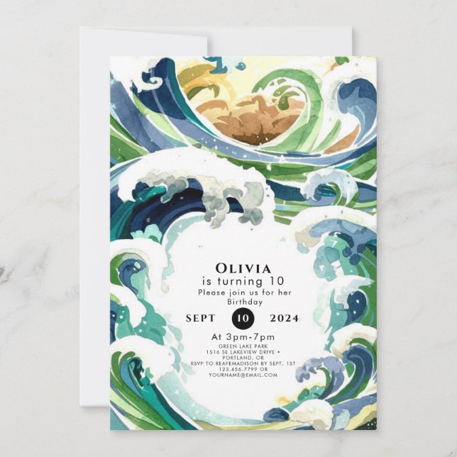 Fun Simple Blue Ocean Waves Birthday Invitation (Front)