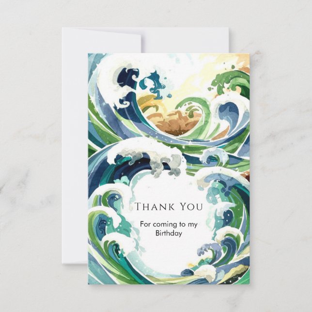 Fun Simple Blue Ocean Waves Birthday Thank You Card (Front)