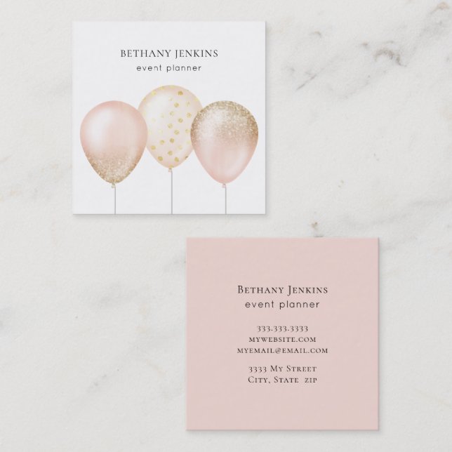 Fun Simple Pink and Gold Balloons Glitter Square Business Card (Front/Back)