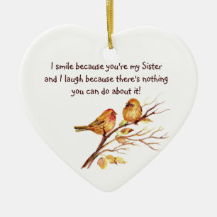Fun Sister Saying with Cute Birds Ceramic Ornament