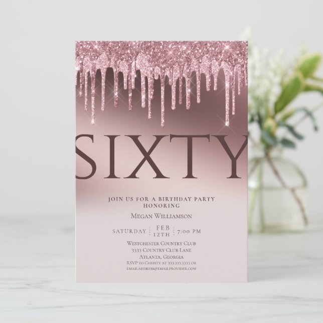  Fun Sixty Surprise Pink Glitter 60th Birthday Invitation (Standing Front)