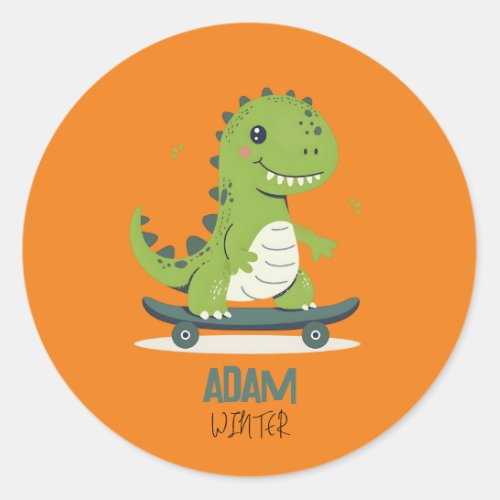Fun Skateboarding Dinosaur With Kids Name Classic Round Sticker