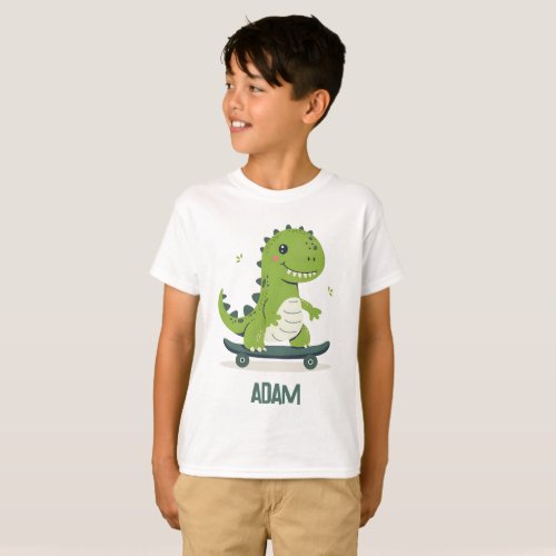 Fun Skateboarding Dinosaur With Kids Name T_Shirt