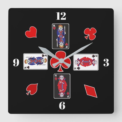 Fun Skeleton Kings and Queens Playing Cards Square Wall Clock