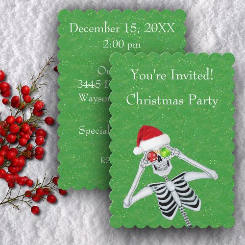 Fun Skeleton Santa Hat Ornament Eyes on Green Gold Invitation
