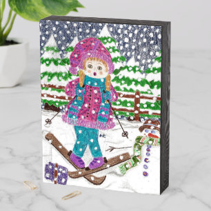 Fun ski girl illustration rustic wood sign
