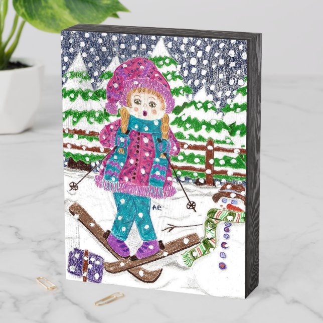 Fun ski girl illustration rustic wood sign (In Situ Vertical)