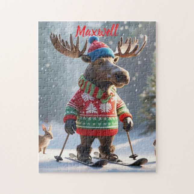 Fun Skiing Moose Christmas Personalized Puzzle  (Vertical)