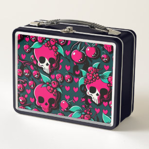 Fun Skull & Cherries Pink Black Green Art Metal Lunch Box