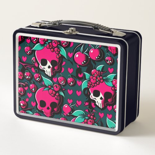 Fun Skull  Cherries Pink Black Green Art Metal Lunch Box