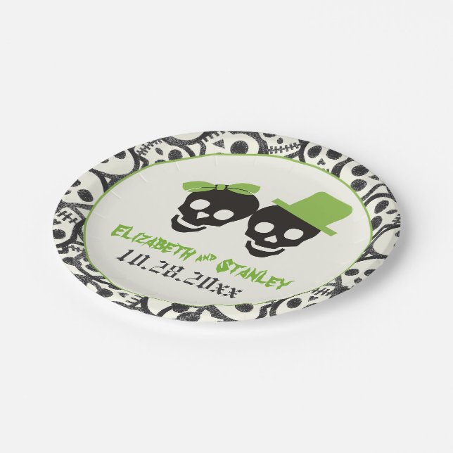 Fun skulls Halloween green and black wedding Paper Plates (Angled)