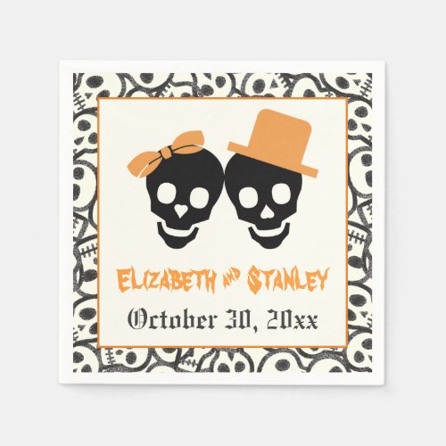 Fun skulls Halloween orange and black wedding Paper Napkins