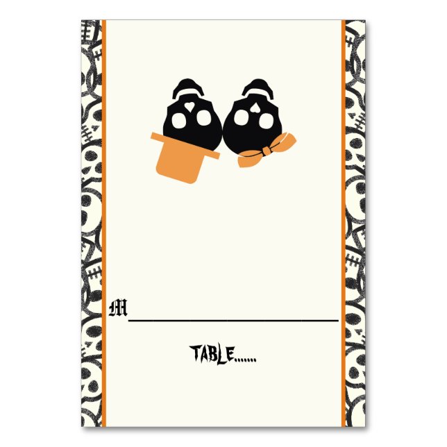 Fun skulls Halloween orange wedding escort card (Front)
