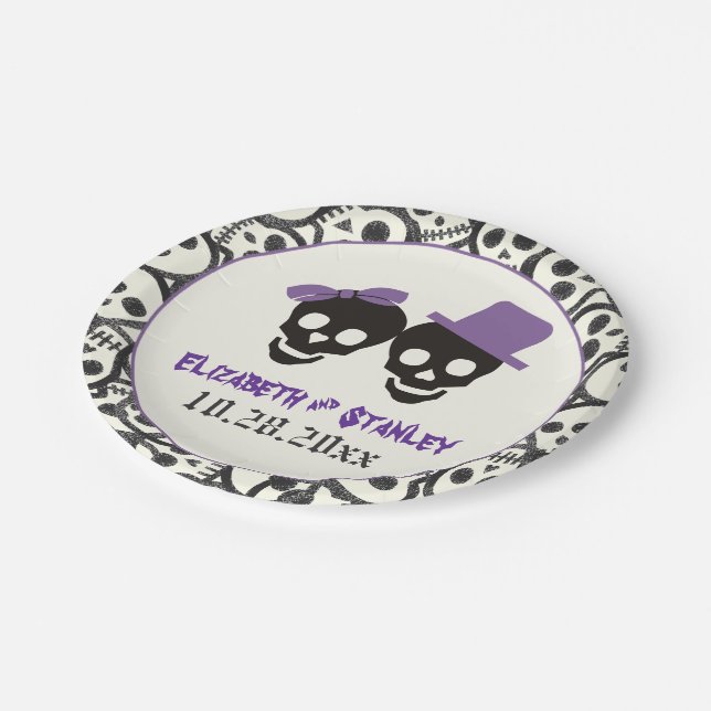 Fun skulls Halloween purple and black wedding Paper Plates (Angled)