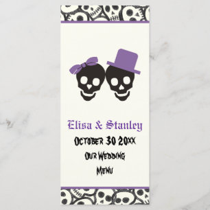 Fun skulls Halloween purple wedding menu card
