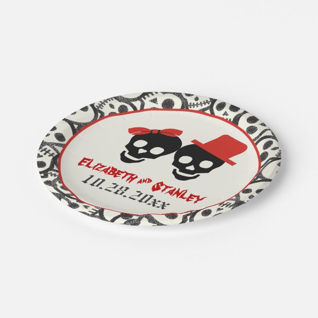 Fun skulls Halloween red and black wedding Paper Plates (Angled)