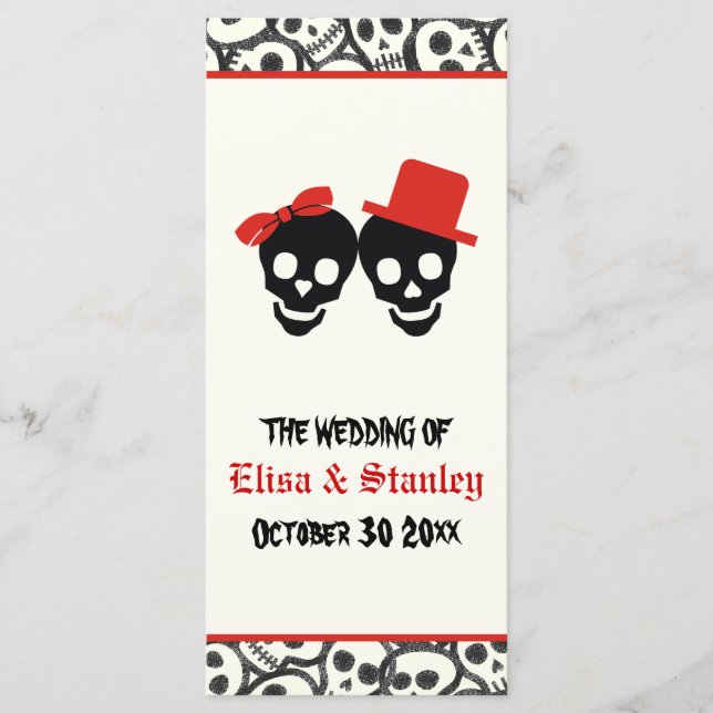 Fun skulls Halloween red wedding program (Front)