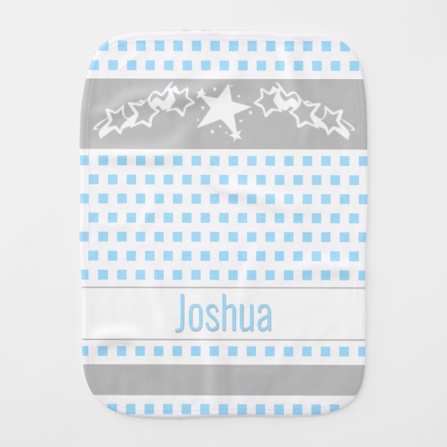 Fun Sky Blue Polka Dot Squares & Stars Baby Burp Cloth (Front)