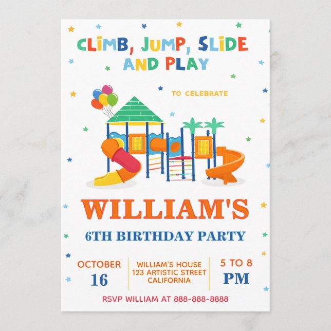 Fun Slide and Climb Kids Theme Playground Birthday Invitation (Front)