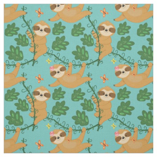 Fun Sloth and Vines Repeat Pattern Fabric