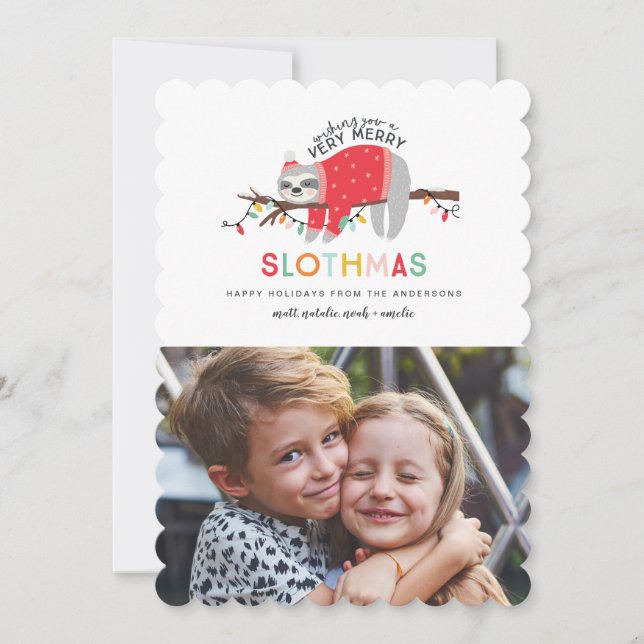 fun sloth colorful christmas photo holiday card (Front)