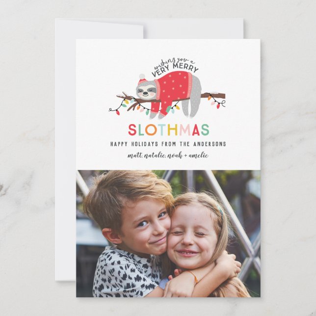 fun sloth colorful christmas photo holiday card (Front)
