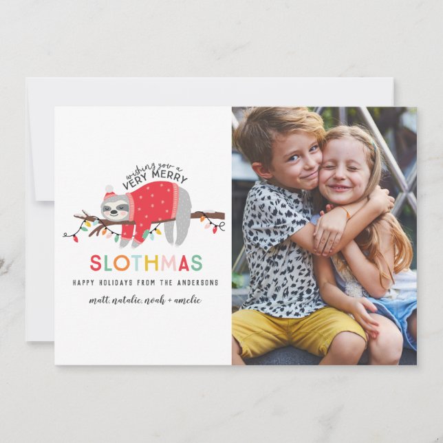 fun sloth colorful christmas photo holiday card (Front)