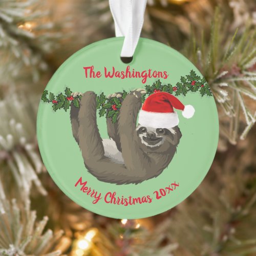 Fun Sloth in Santa Hat  Christmas Ornament