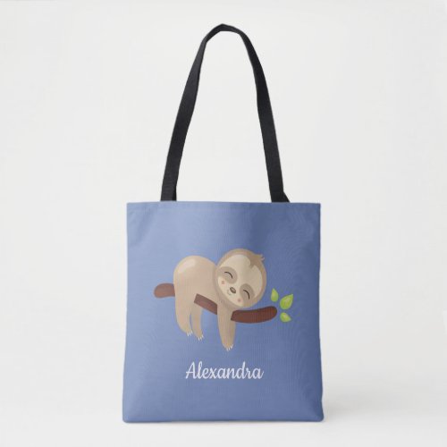 Fun Sloth on Branch Cute Animal Illustration Blue Tote Bag