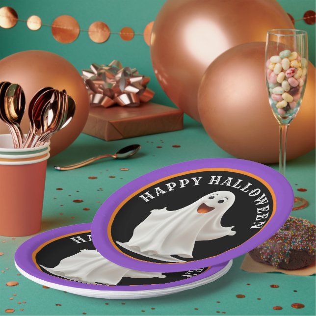 Fun, Smiling Ghost Happy Halloween  Paper Plates (Multi)