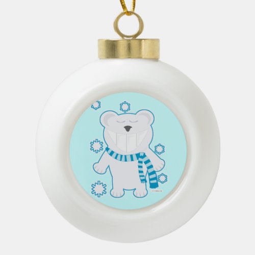 Fun Smiling Polar Bear Cute Cartoon Winter Fun Ceramic Ball Christmas Ornament