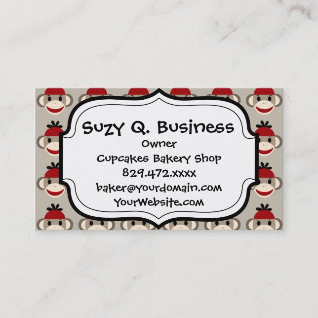 Fun Smiling Red Sock Monkey Happy Patterns Business Card (Front)