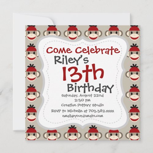 Fun Smiling Red Sock Monkey Happy Patterns Invitation