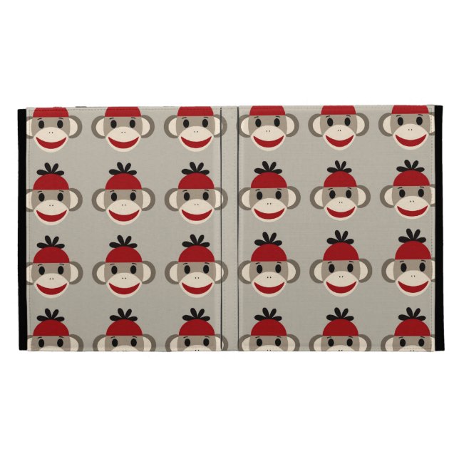 Fun Smiling Red Sock Monkey Happy Patterns iPad Folio Cover (Opened)