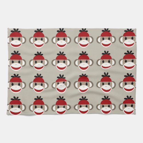 Fun Smiling Red Sock Monkey Happy Patterns Kitchen Towel