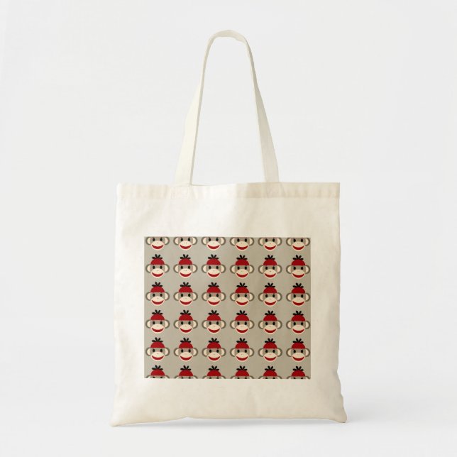 Fun Smiling Red Sock Monkey Happy Patterns Tote Bag (Front)
