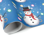 Fun Smiling Snowman Merry Christmas on BLUE Wrapping Paper
