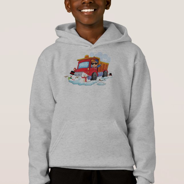 Fun Snow Day Plowing Snowmen Hoodie (Front)