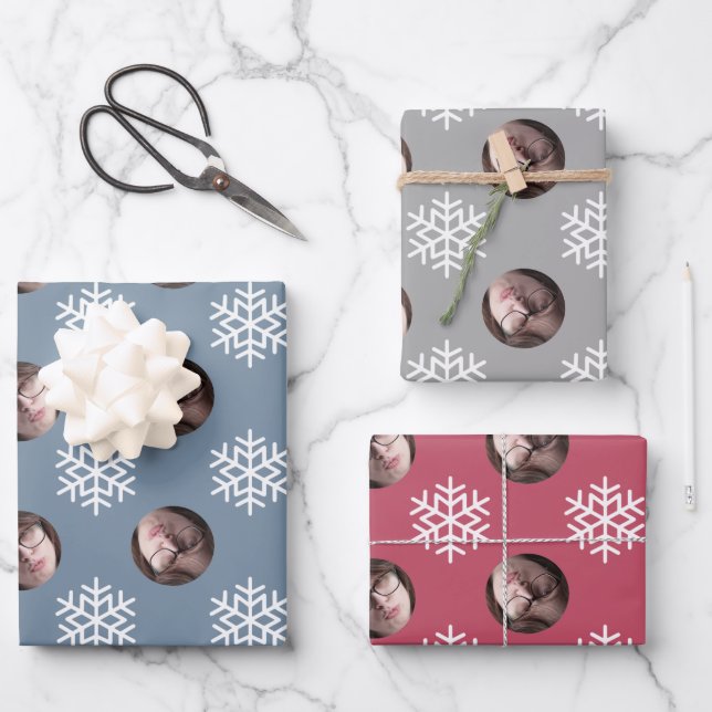 Fun Snowflake Blue Red Gray Christmas Face Photo Wrapping Paper Sheets (Front)