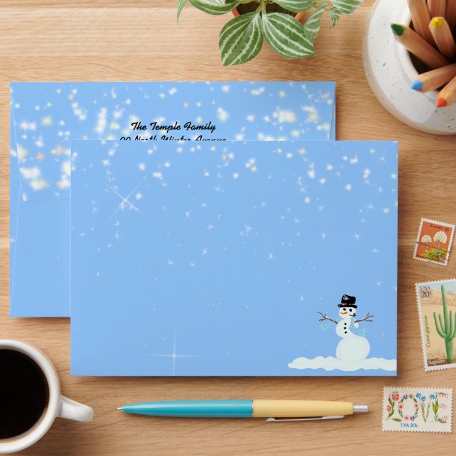 Fun Snowman Blue Christmas Return Address Envelope (Desk)