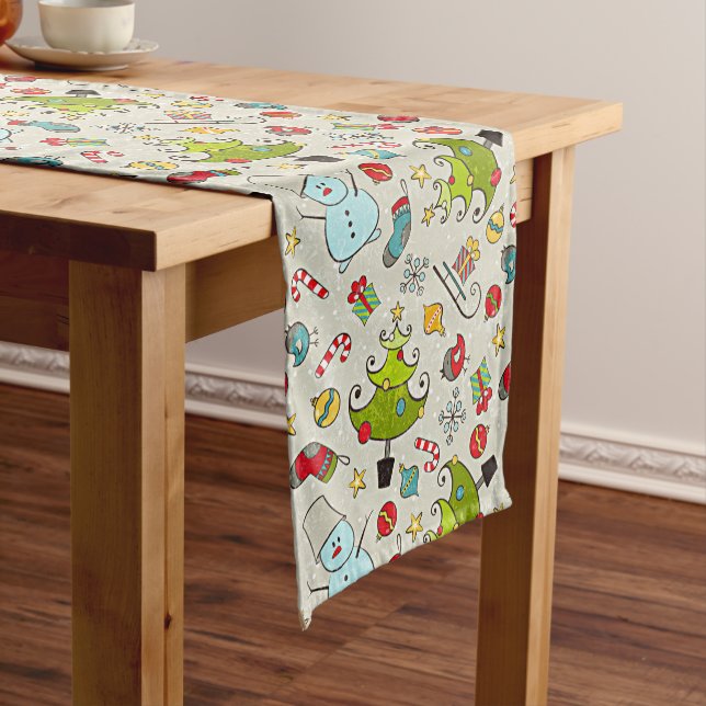Fun Snowman Christmas Tree Sleigh Doodles Medium Table Runner (In Situ)