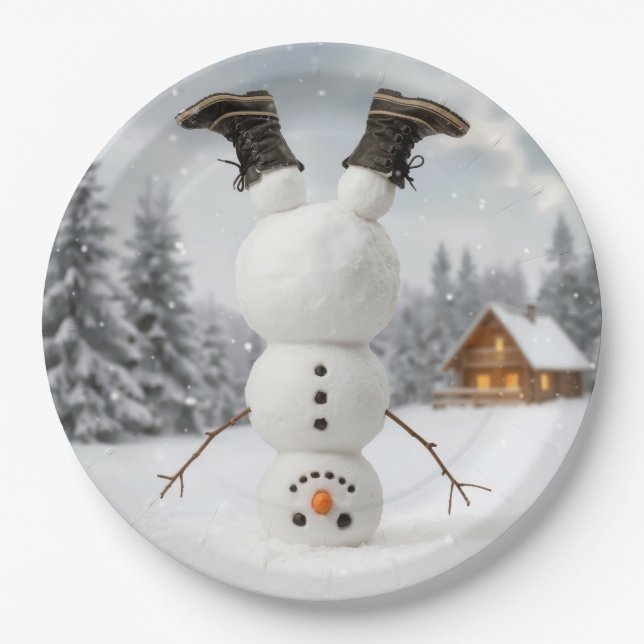 Fun Snowman Doing a Headstand  Paper Plates (Front)