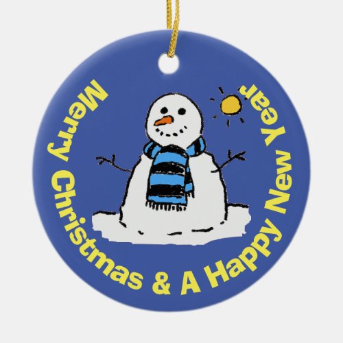 Fun Snowman in a Frosty Winter Scene Ceramic Ornament