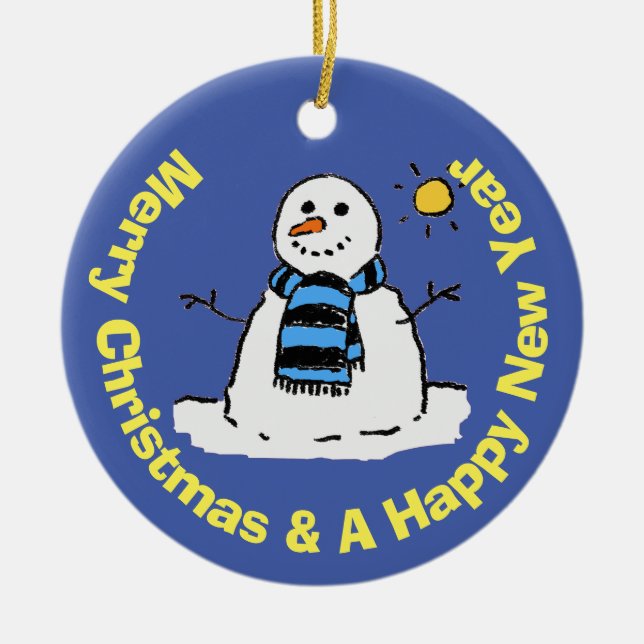 Fun Snowman in a Frosty Winter Scene Ceramic Ornament (Front)