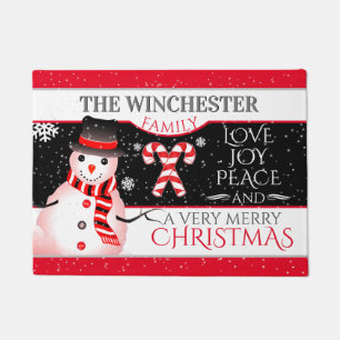 FUN Snowman in Black Hat and Scarf BLK Christmas Doormat