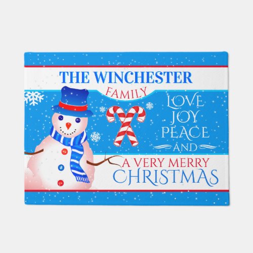FUN Snowman in Blue Hat and Scarf  BLUE Christmas Doormat