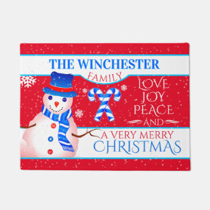 FUN Snowman in Blue Hat and Scarf   RED Christmas Doormat