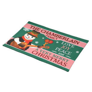FUN Snowman in Hat and Scarf GREEN Christmas Cloth Placemat