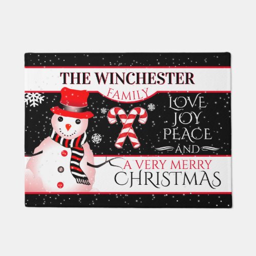 FUN Snowman in Red Hat and Scarf  BLACK Christmas Doormat