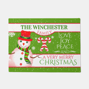 FUN Snowman in Red Hat and Scarf GREEN Christmas Doormat